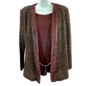 Olivia Rose Vintage Maroon Tweed Long Sleeve Chain Belt Cardigan Top 12